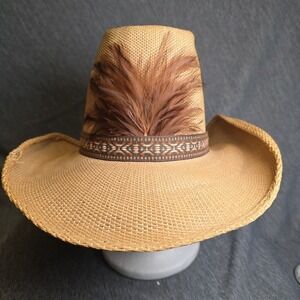KOKO KOOLER Woven Straw Cowboy Western Ranch Hat Size‎ 7 1/8 Vintage Feather
